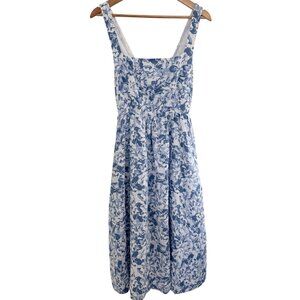 Quince Linen Blue White Floral Midi Dress M Smocked Cotton Lined Coastal Cottage